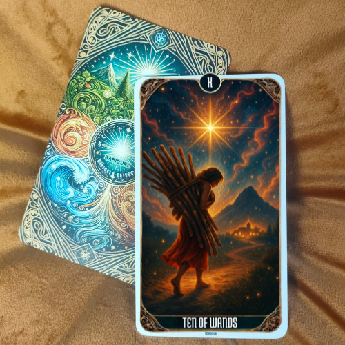 Ten of Wands tarot card meaning represented by an upright tarot card on a decorative deck, reflecting exhaustion, responsibility, and carrying too much alone.