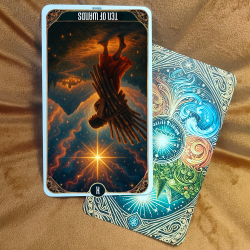 Ten of Wands tarot card meaning illustrated through a reversed tarot card placed on a colorful deck, symbolizing burden, burnout, and the need for release.