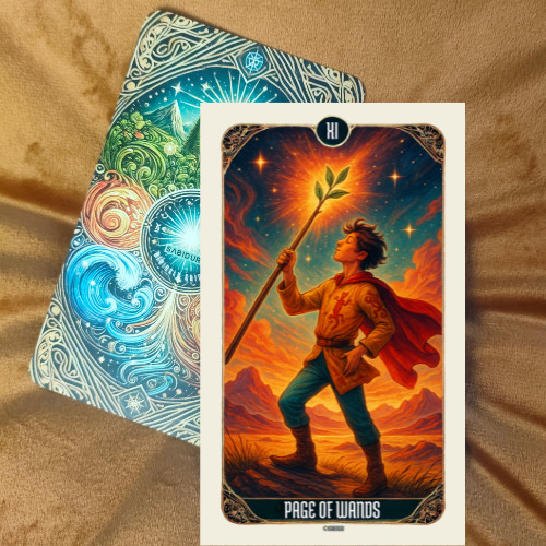 What Does the Suit of Wands Tarot Represent in Tarot? Upright Page of Wands tarot card resting on a colorful tarot deck, representing inspiration, curiosity, and new beginnings in the Page of Wands tarot card meaning.