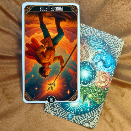 Page of Wands Tarot Card Meaning - Minor Arcana Tarot Card Meanings Reversed Page of Wands tarot card displayed on a tarot deck, symbolizing blocked creativity, scattered energy, and hesitation in the Page of Wands tarot card meaning.