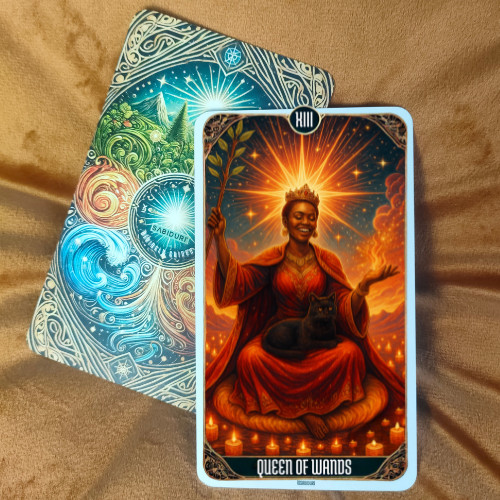 What Does the Suit of Wands Tarot Represent in Tarot? Queen of Wands tarot card meaning shown through an upright card placed over a detailed tarot deck, representing confidence, leadership, and creative fire.