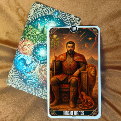 Upright King of Wands tarot card meaning displayed on a tarot deck, representing confident leadership, vision, authority, and mastered fire energy.