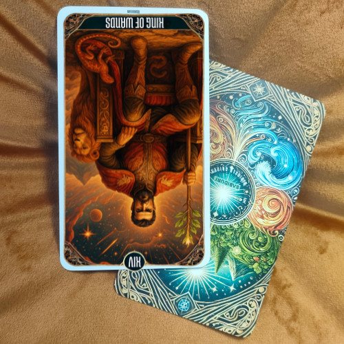 Reversed King of Wands tarot card meaning shown on a tarot deck, symbolizing misused power, ego imbalance, and leadership challenges.