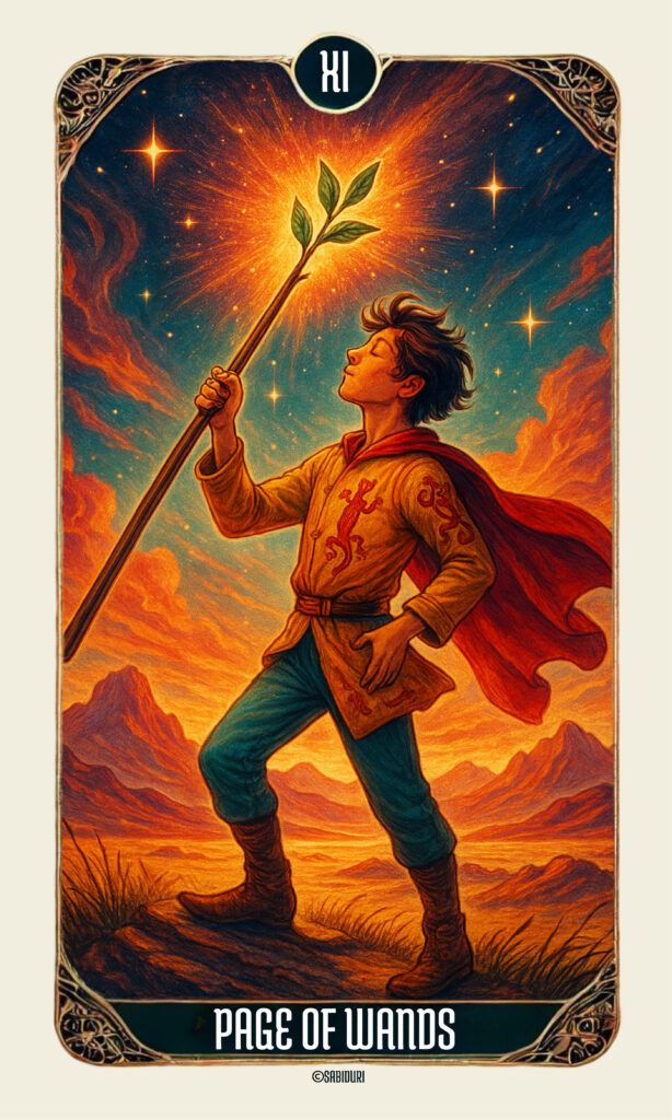 Page of Wands Tarot Card Meaning - Minor Arcana Tarot Card Meanings Page of Wands tarot card illustration showing a youthful figure holding a sprouting wand in a desert landscape, capturing the essence of the Page of Wands tarot card meaning as creative initiation and exploration.