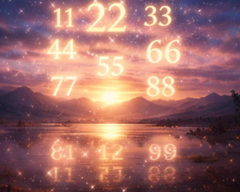 Glowing double digit angel numbers floating above a serene lake at sunset, symbolizing spiritual guidance, synchronicity, and divine timing.