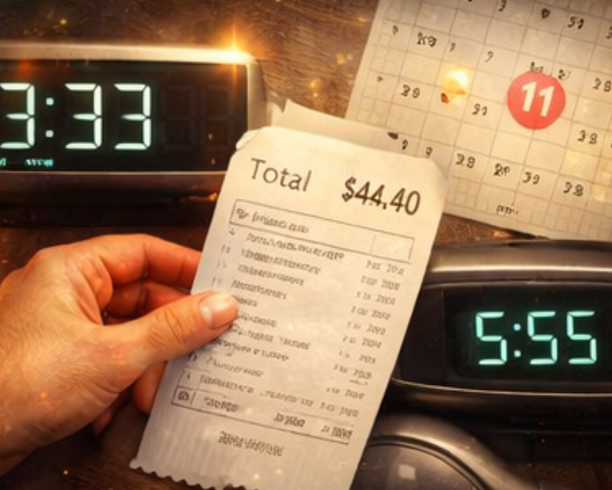 Triple Digit Angel Numbers Receipt showing 44.40 next to digital clocks displaying 3:33 and 5:55, illustrating how triple digit angel numbers appear in everyday life as spiritual signs.