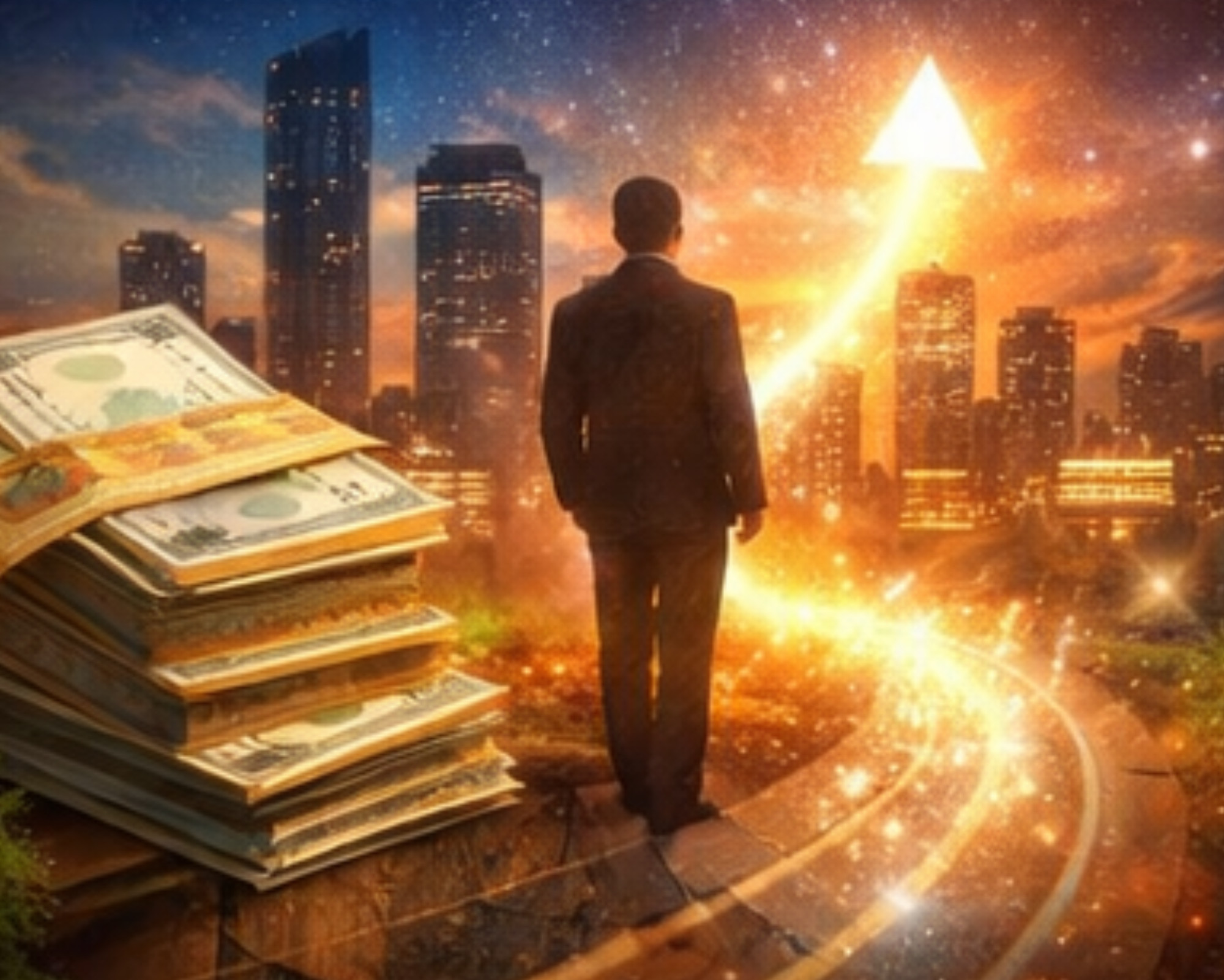 Triple Digit Angel Numbers A person walking toward a glowing city with an upward arrow and money stack, representing abundance, success, and triple digit angel numbers guiding career and financial growth.