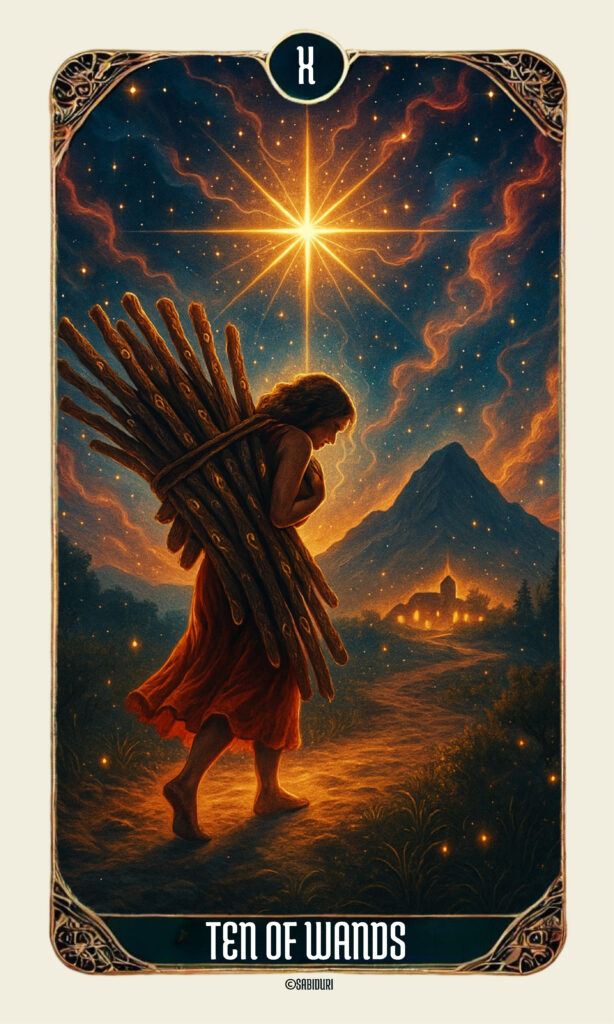 Ten of Wands tarot card meaning depicted in detailed artwork of a figure carrying heavy wands toward a distant town, symbolizing overwhelm and nearing completion.