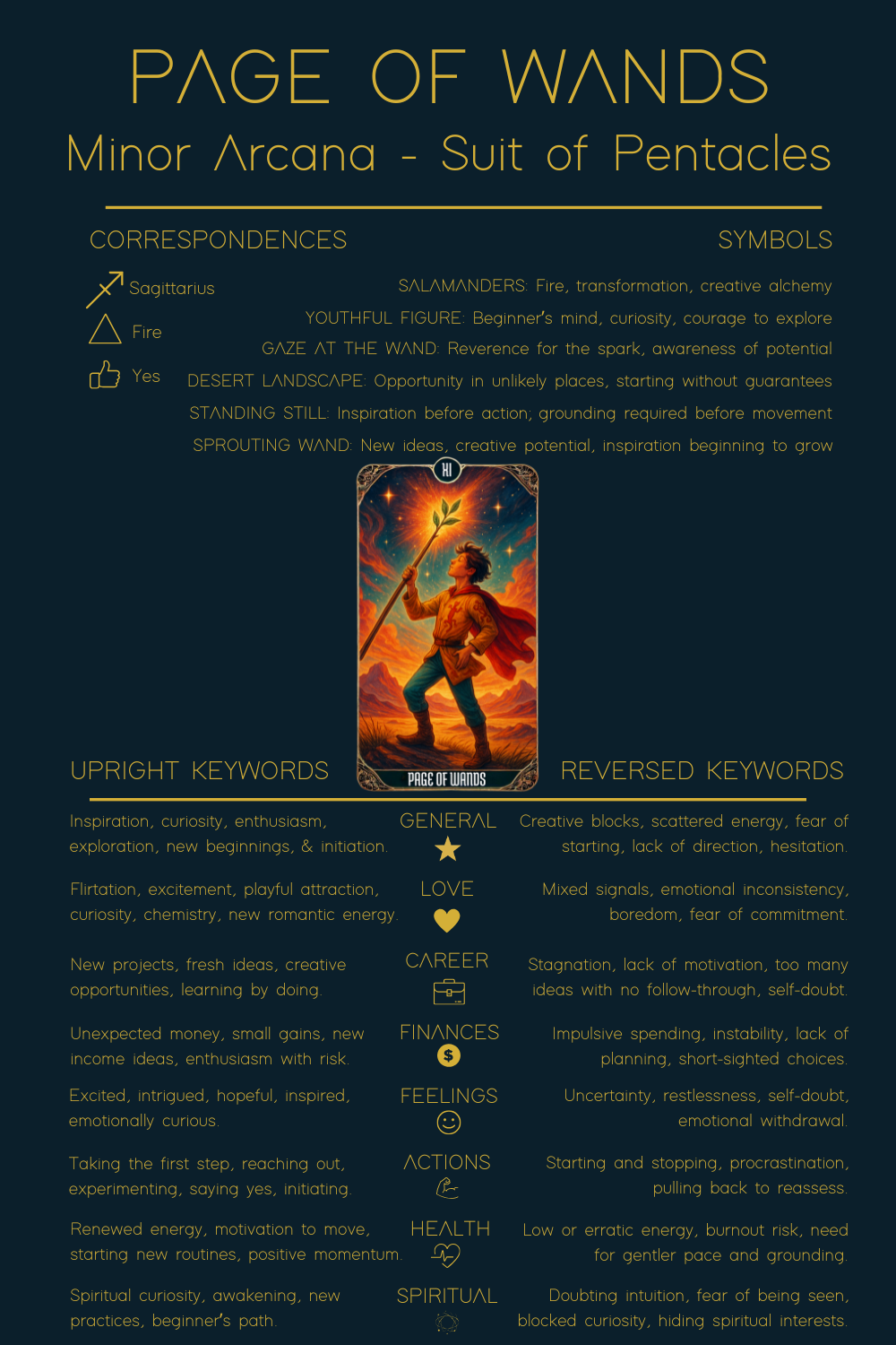Page of Wands Tarot Card Meaning - Minor Arcana Tarot Card Meanings Page of Wands tarot card meaning cheat sheet showing symbolism, correspondences, and upright and reversed meanings across love, career, finances, health, feelings, actions, and spirituality.
