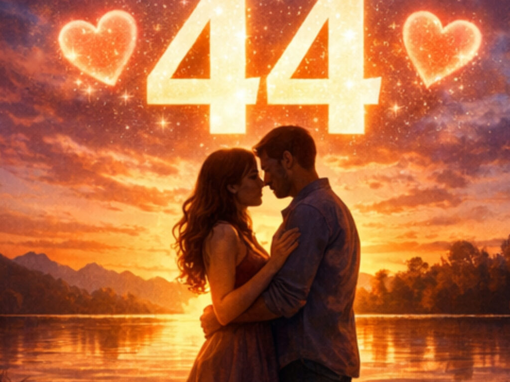 Angel Number 44 Meaning: Stability, Protection & Building Something That Lasts Romantic couple embracing at sunset under glowing 44 and hearts, reflecting Angel numbers 44 meaning in love and relationships.