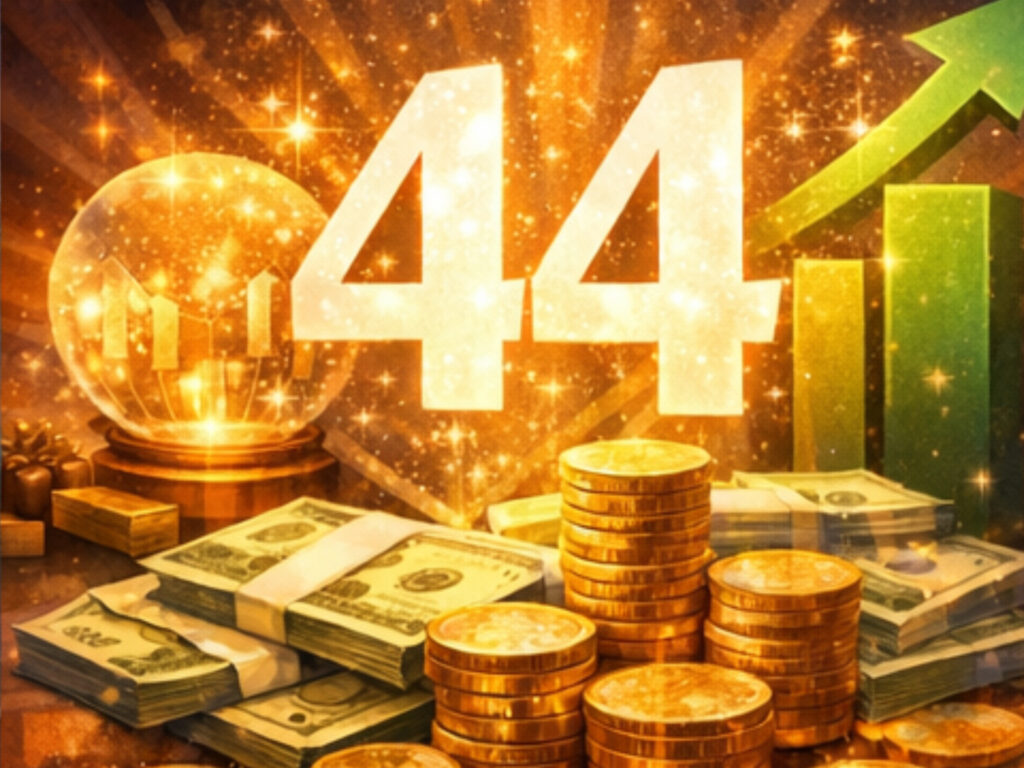 Angel Number 44 Meaning: Stability, Protection & Building Something That Lasts Stacks of money and gold coins beneath glowing 44, symbolizing Angel numbers 44 and financial abundance manifestation.