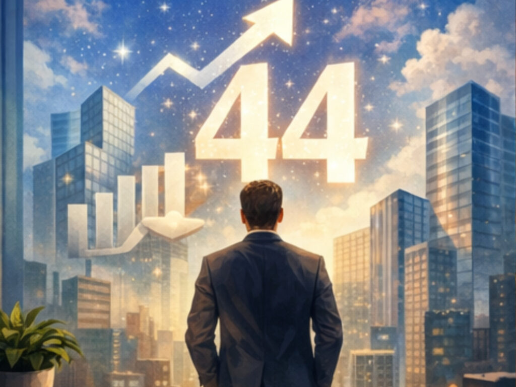 Angel Number 44 Meaning: Stability, Protection & Building Something That Lasts Businessman overlooking city skyline with rising graph and glowing 44, illustrating Angel numbers 44 meaning in career and success.