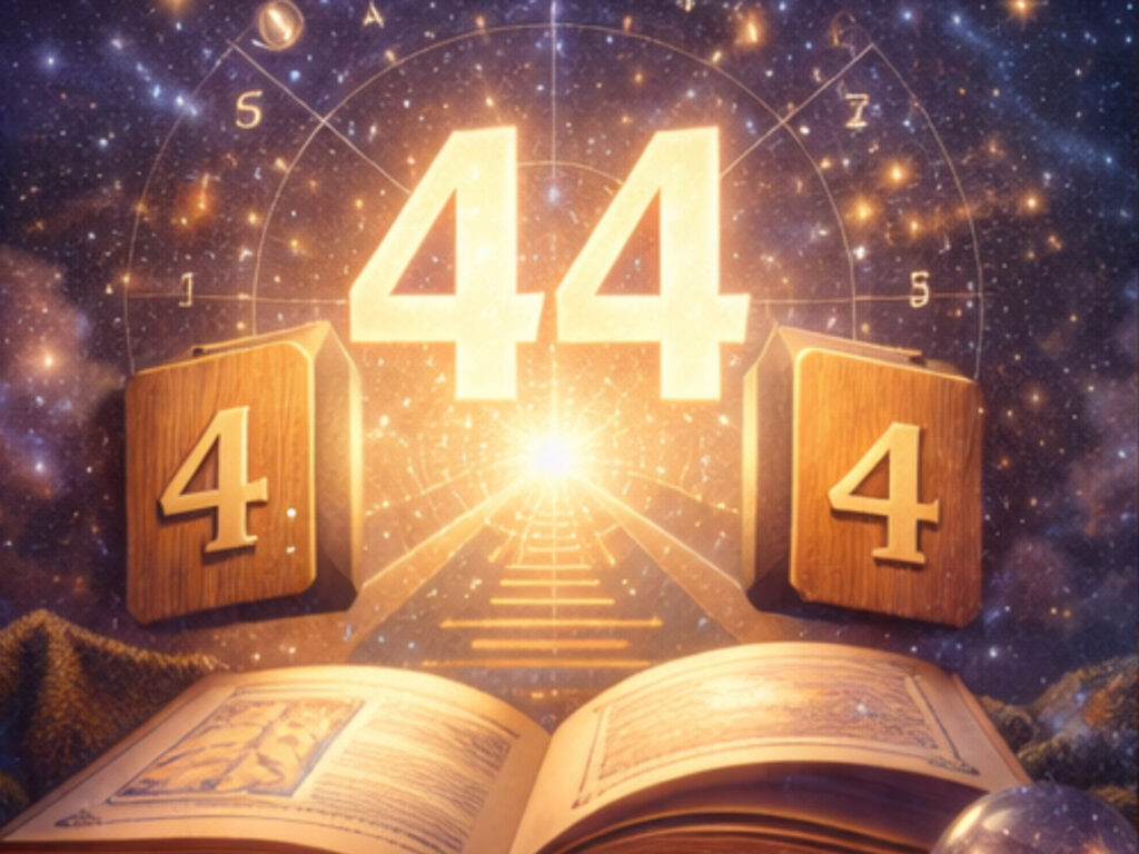 Angel Number 44 Meaning: Stability, Protection & Building Something That Lasts Open spiritual book with glowing number 44 and cosmic symbols, representing Angel numbers 44 in numerology and divine guidance.