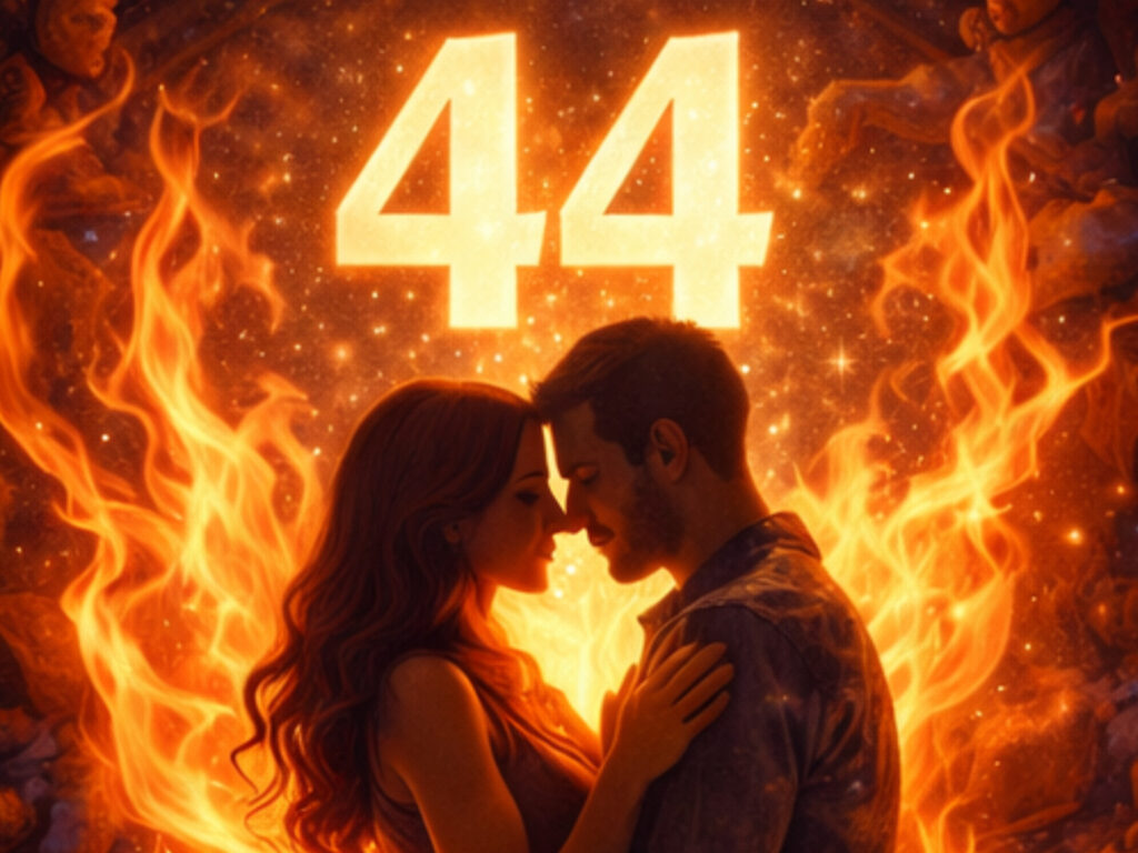 Angel Number 44 Meaning: Stability, Protection & Building Something That Lasts Twin flame couple surrounded by flames beneath glowing 44, symbolizing Angel numbers 44 and intense spiritual connection.