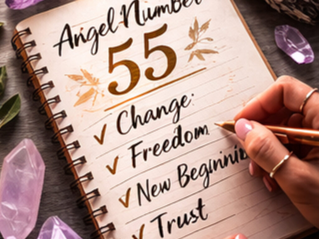 Journal page with Angel Number 55 checklist showing change, freedom, new beginnings and trust representing 55 angel numbers meaning.