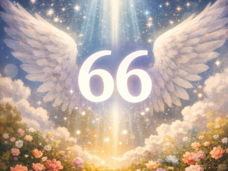 White angel wings opening in a heavenly sky with the number 66 shining brightly, representing divine guidance through 66 angel numbers.