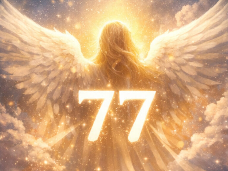 Radiant angel with glowing wings and luminous 77 in golden light, representing divine guidance through 77 angel numbers.