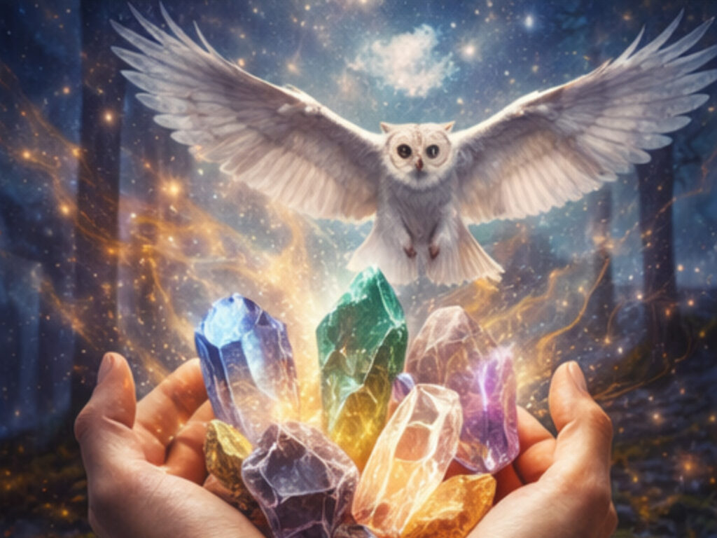 77 Angel Number Meaning: Spiritual Awakening, Love, Twin Flames & Divine Alignment White owl flying above glowing crystals in hands, symbolizing spiritual wisdom and 77 angel numbers energy.