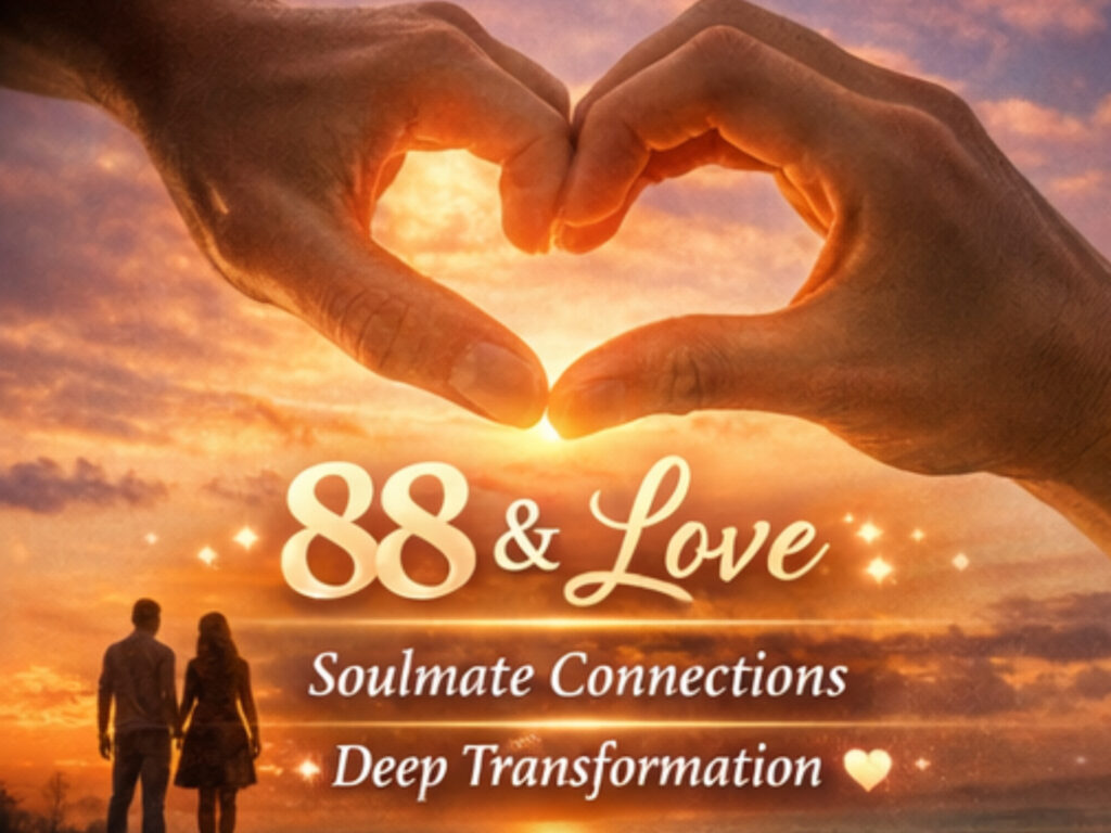 Angel Number 88 Meaning — Power, Money & the Karmic Return Couple holding hands at sunset beneath angel numbers 88 symbolizing soulmate connection, deep transformation, and karmic love.