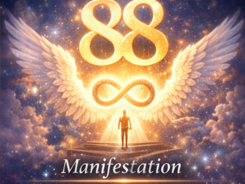 Angel Number 88 Meaning — Power, Money & the Karmic Return Glowing angel numbers 88 above an infinity symbol and figure standing in cosmic light representing manifestation and spiritual alignment.