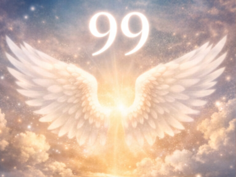 Glowing angel wings with number 99 in the sky, representing divine protection and angel numbers 99 spiritual awakening.