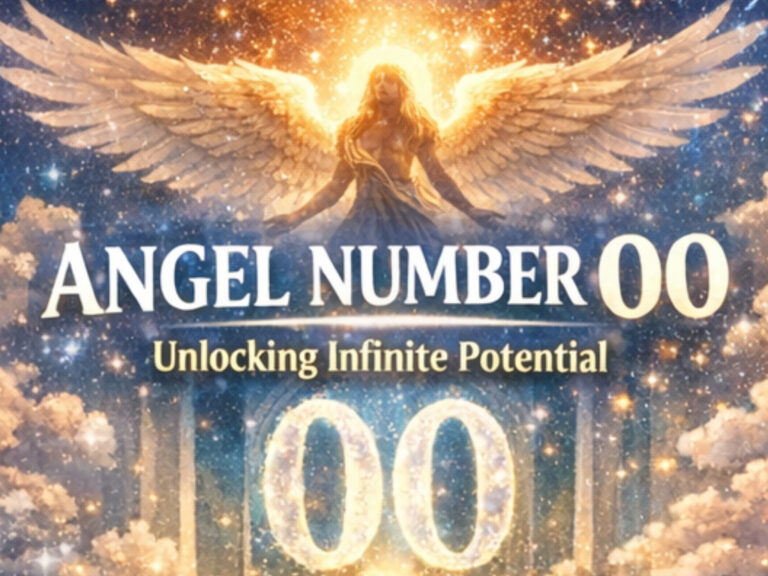Heavenly artwork of a glowing angel with the number 00 representing the spiritual meaning and infinite potential of angel numbers 00.