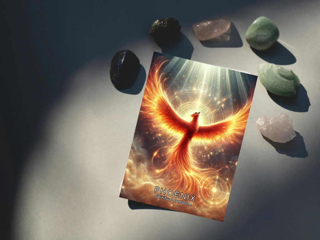 Phoenix oracle card symbolizing spiritual rebirth and freedom, surrounded by crystals on a table, representing the theme of Oracle vs Tarto comparison.