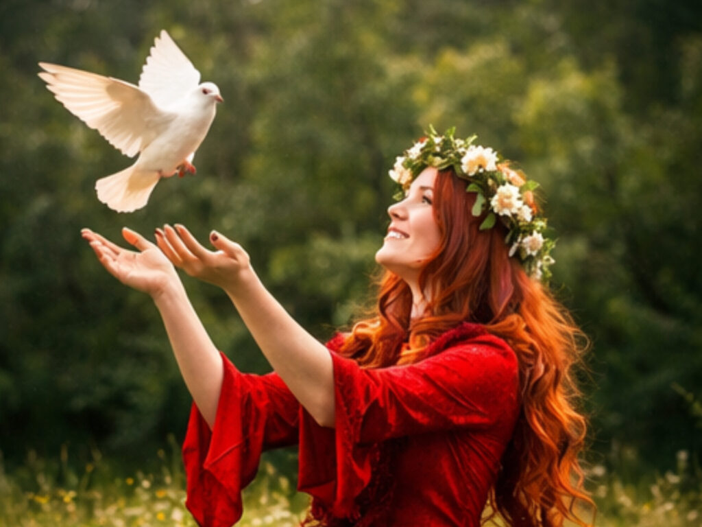 How to Celebrate Beltane Pagan? Woman in red dress with flower crown releasing a white dove during a Beltane celebration ritual in nature.