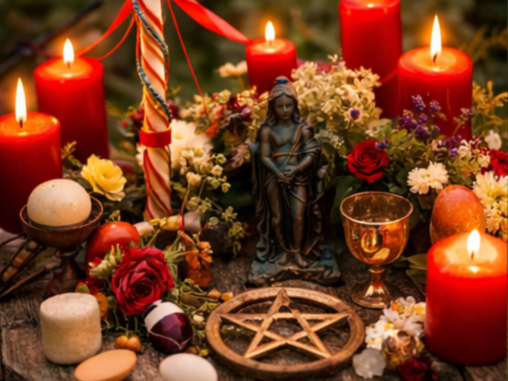 How to Celebrate Beltane Pagan? Beltane altar with red candles, flowers, pentacle and goddess statue symbolizing how to celebrate Beltane with fire and fertility.