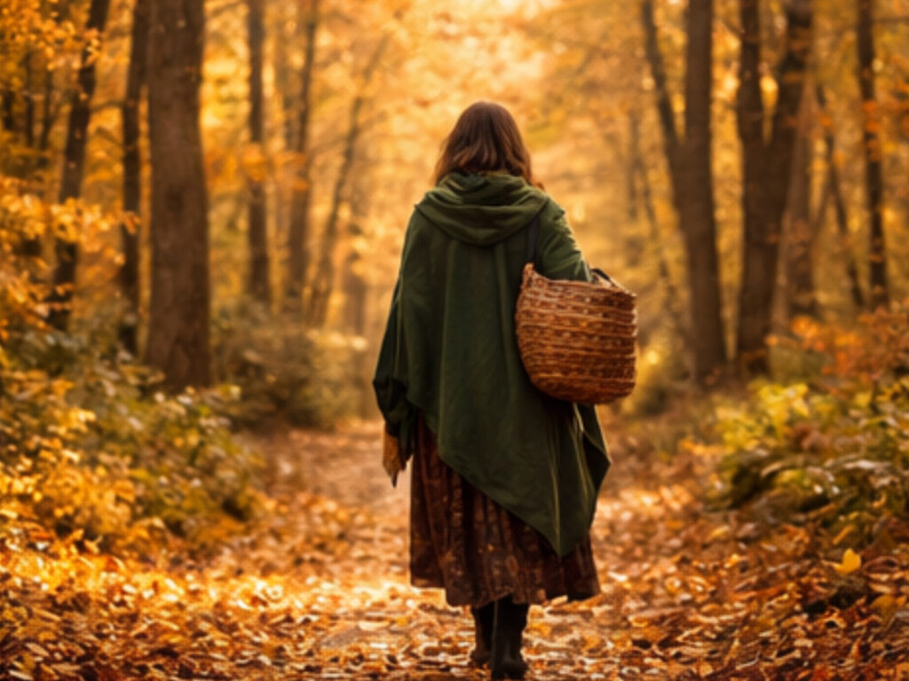 Celebrating Mabon: the Autumn Equinox That Tells You The Truth About Your Life Woman walking through golden autumn forest with basket, symbolic pilgrimage moment for Celebrating Mabon and honoring the harvest season.