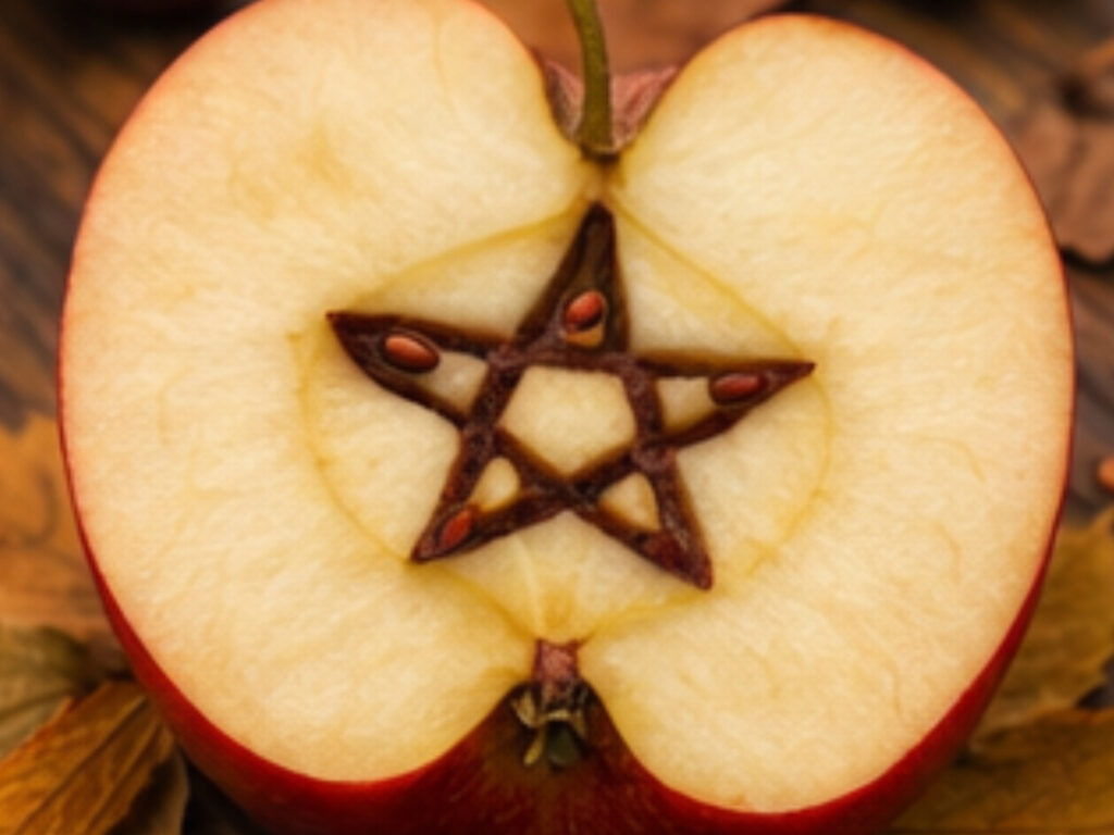 Celebrating Mabon: the Autumn Equinox That Tells You The Truth About Your Life Apple cut in half revealing pentacle star shape inside, sacred symbol used when Celebrating Mabon and honoring harvest wisdom.