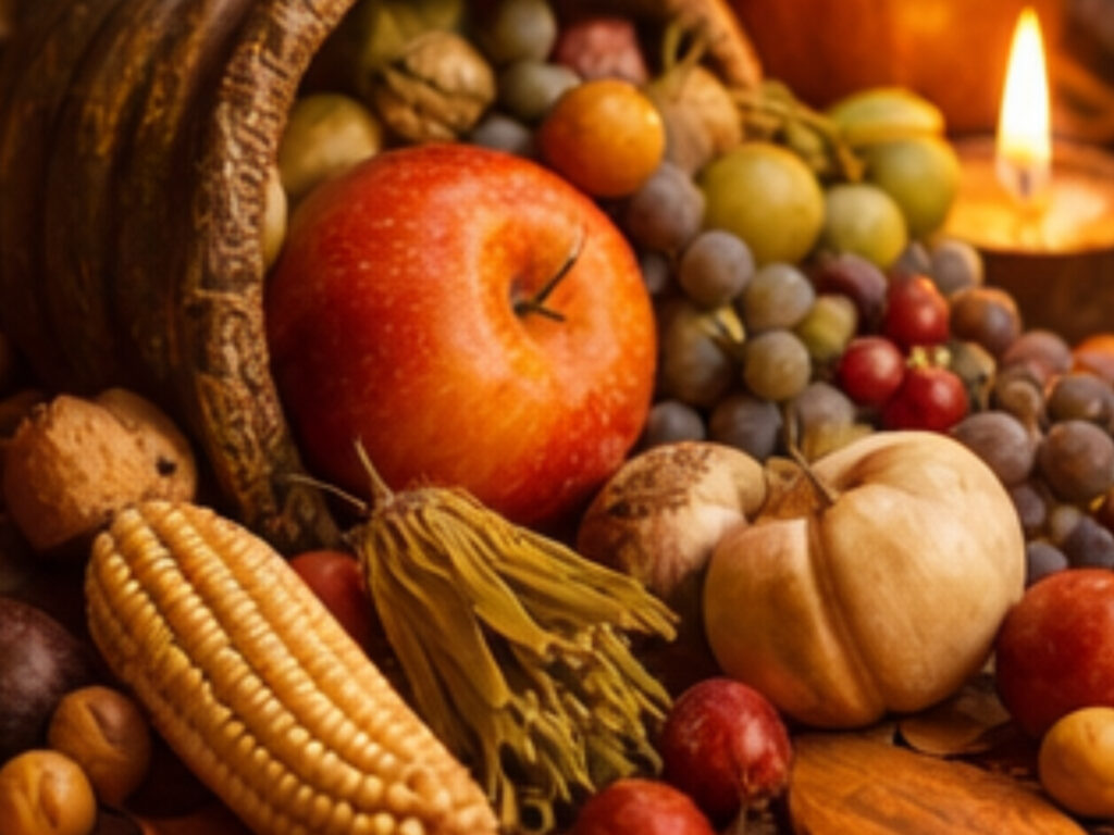 Celebrating Mabon: the Autumn Equinox That Tells You The Truth About Your Life Cornucopia filled with apples, grapes, corn and autumn harvest foods with candlelight for Celebrating Mabon at the autumn equinox.