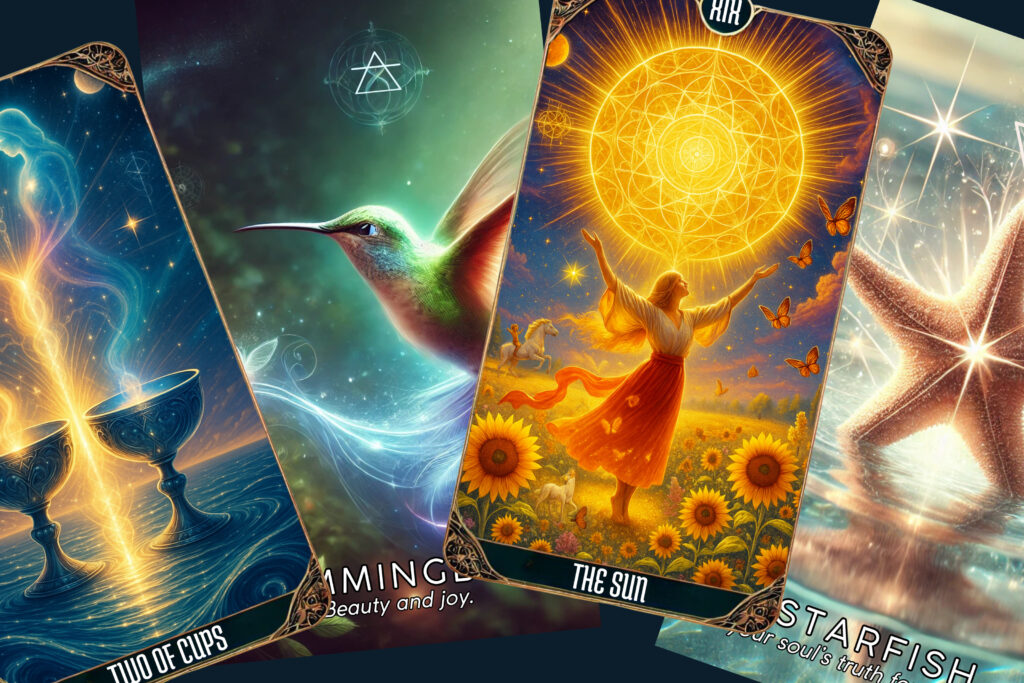 Vibrant tarot and oracle card illustrations including The Sun and Hummingbird, visually comparing imagery in Oracle vs Tarot decks.