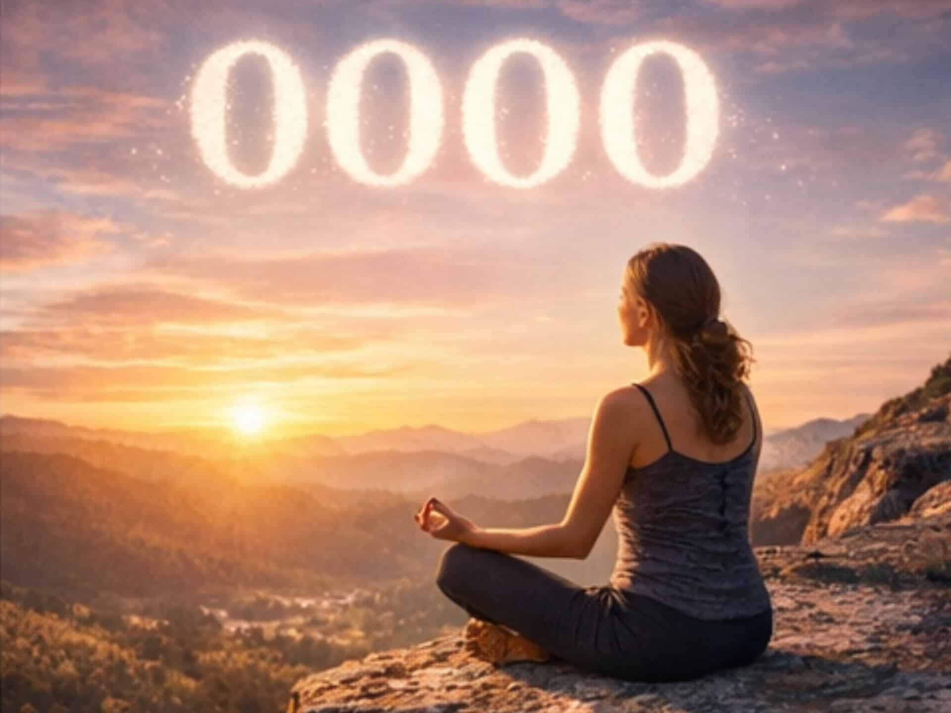 Angel Number 0000 Meaning: Spiritual Reset, Infinite Potential, and Divine Alignment Woman meditating at sunrise under angel numbers 0000 representing alignment, peace, and spiritual awakening