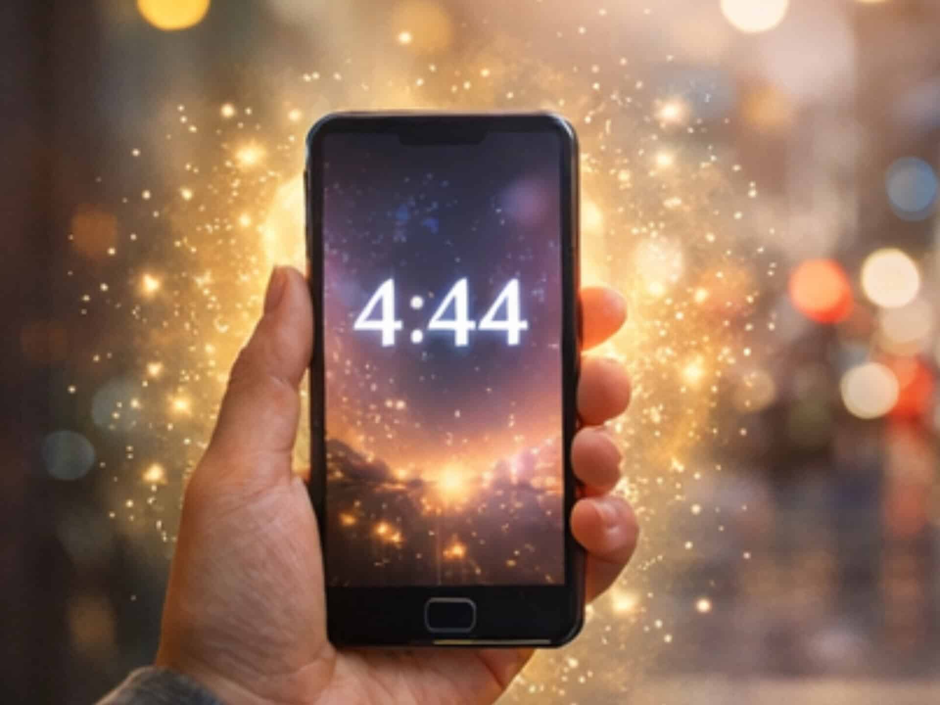 Angel Number 444 Meaning: Spiritual Guidance, Love, Stability, and Divine Protection Person holding a phone displaying 4:44, illustrating how 444 angel numbers appear in everyday life