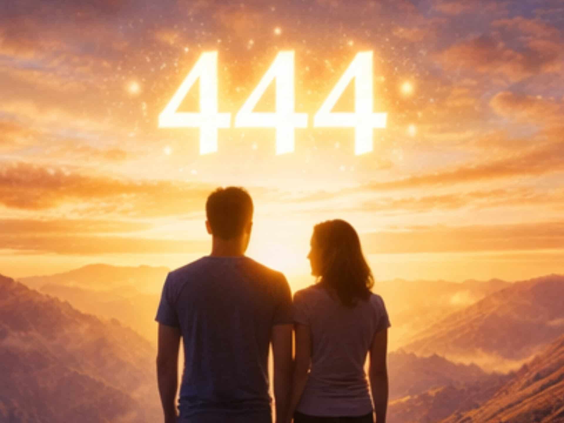 Angel Number 444 Meaning: Spiritual Guidance, Love, Stability, and Divine Protection Couple watching a glowing sunset with 444 in the sky, representing love and soulmate connection in 444 angel numbers