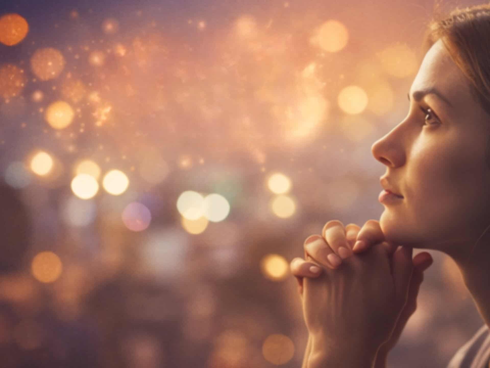 Angel Number 444 Meaning: Spiritual Guidance, Love, Stability, and Divine Protection A woman reflecting and praying with glowing lights, symbolizing the spiritual meaning of 444 angel numbers and divine guidance