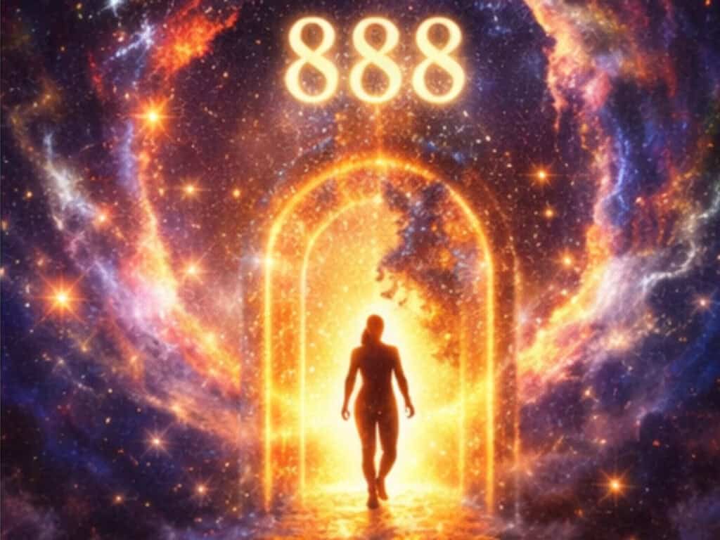 Meaning of 888 Angel Numbers Meaning of 888 angel numbers depicted as a glowing cosmic portal symbolizing transformation, new beginnings, and infinite possibilities