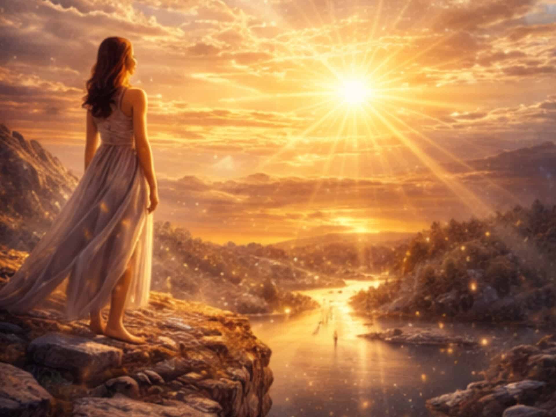 Angel Number 9999 Meaning: The End of a Cycle and the Beginning of Your Soul’s Next Chapter Angel number 9999 meaning appearing in the sky as a woman looks toward a radiant sunset symbolizing closure, clarity, and soul evolution
