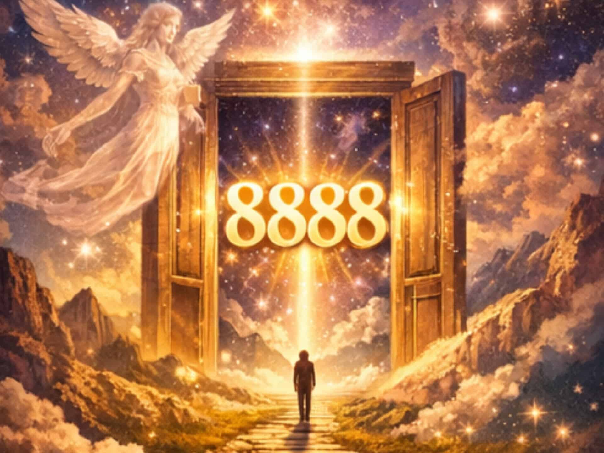Angel Number 8888 Meaning: Abundance, Power, Manifestation, and Spiritual Alignment Person walking toward glowing portal with angelic presence and number 8888 representing angel number 8888 meaning and divine guidance