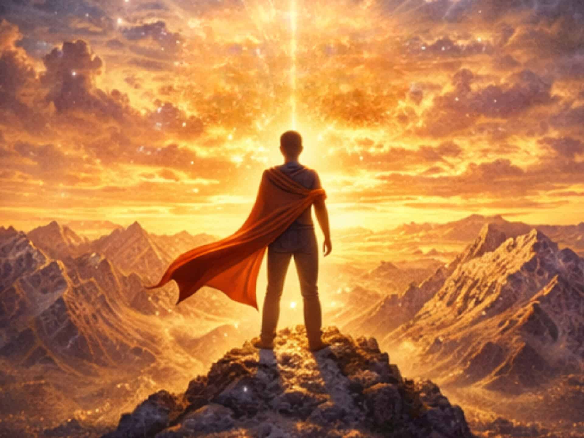 Angel Number 8888 Meaning: Abundance, Power, Manifestation, and Spiritual Alignment Silhouette standing on mountain peak in golden light symbolizing angel number 8888 meaning, power, and personal growth