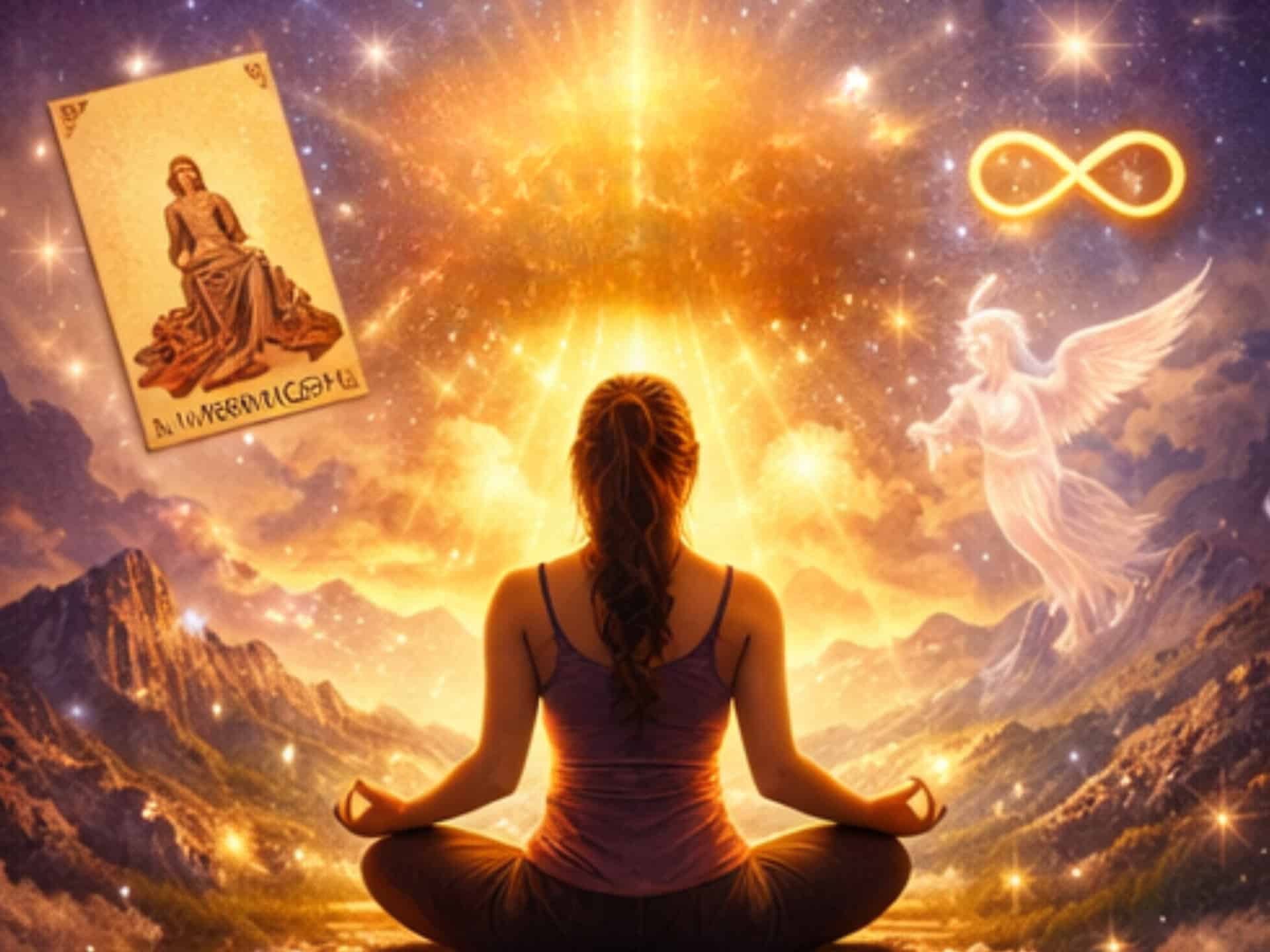 Angel Number 8888 Meaning: Abundance, Power, Manifestation, and Spiritual Alignment Woman meditating under glowing light with angel and tarot symbolism representing angel number 8888 meaning and spiritual awakening