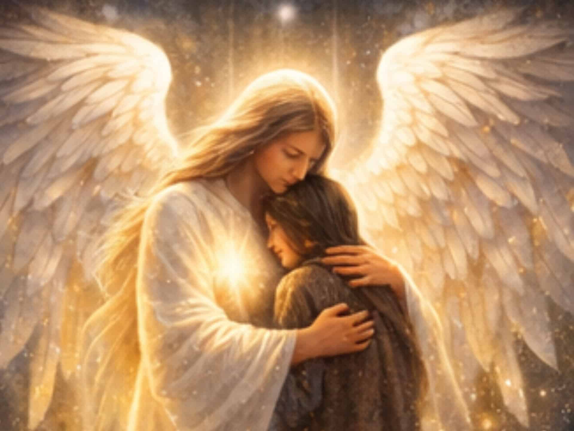 Angel Number 4444 Meaning: Stability, Protection, and Spiritual Awakening Angel number 4444 spiritual meaning symbolizing divine protection with a guardian angel embracing a human in warm light