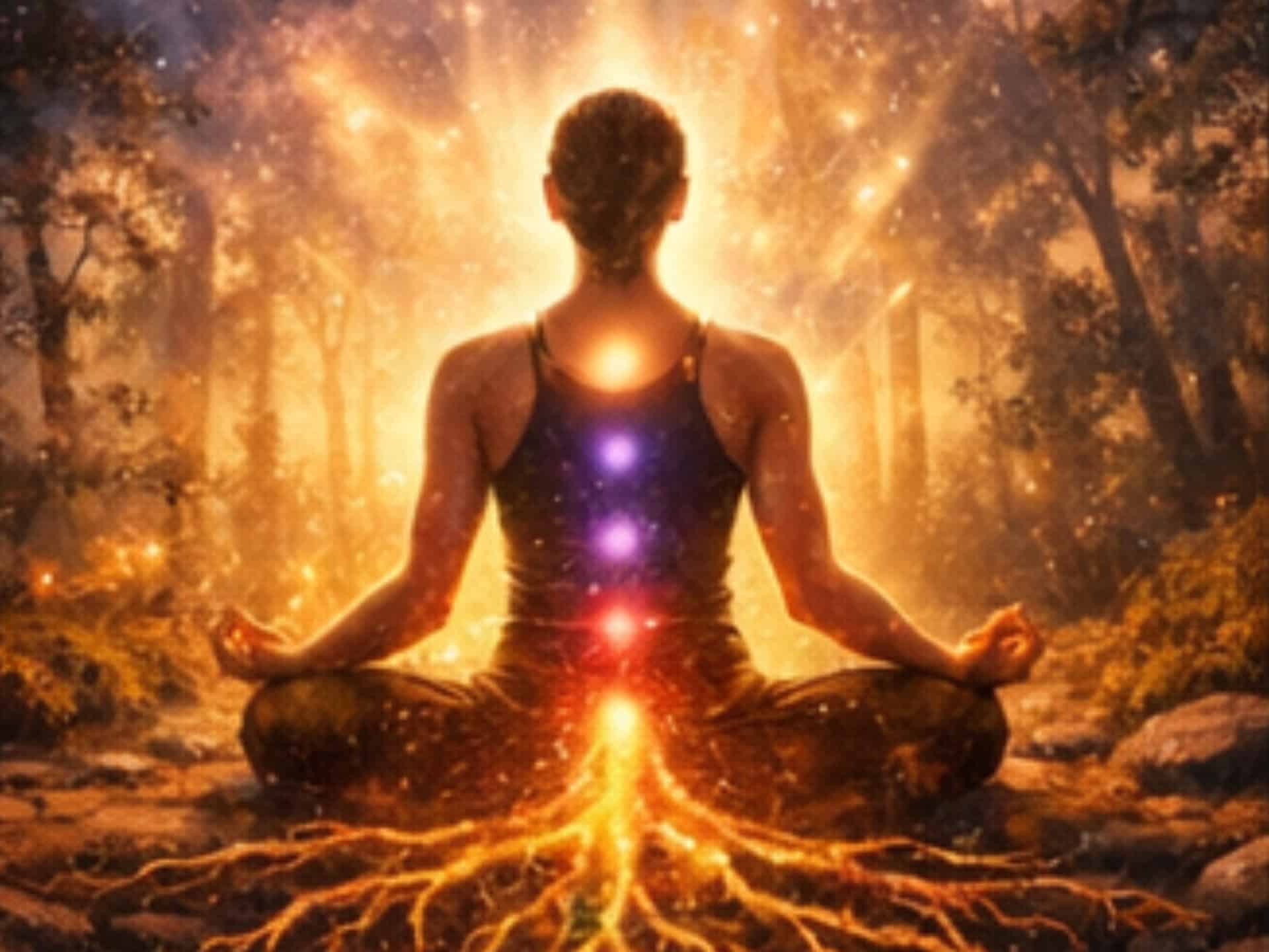 Angel Number 4444 Meaning: Stability, Protection, and Spiritual Awakening Angel number 4444 spiritual meaning shown through a meditating person with glowing chakras and grounding energy roots
