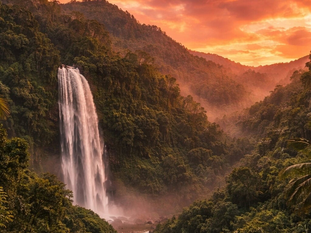 Element Water Meaning: The Spiritual Power of Emotion, Purification, and Inner Flow Waterfall cascading through green jungle during sunset, representing emotional purification and inne.