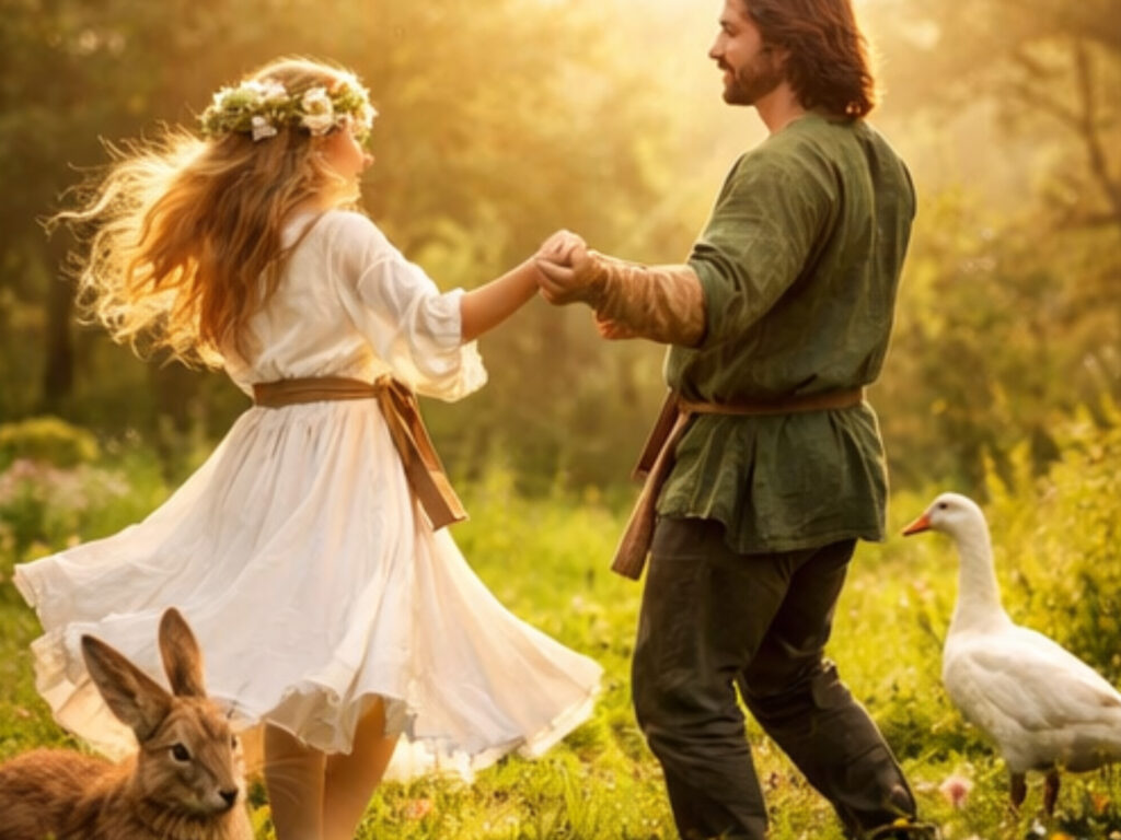 Couple dancing in sunlit field with hare and goose during ostara easter celebration of spring awakening.