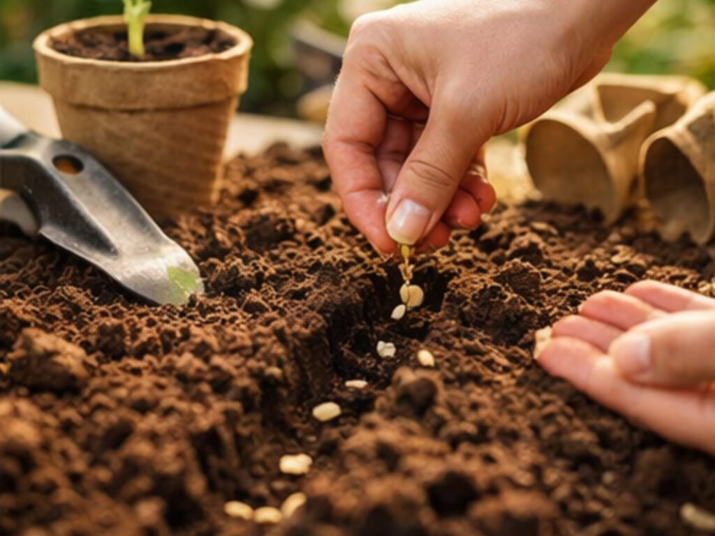 Close-up of hands planting seeds in soil during ostara easter ritual for spring equinox renewal.