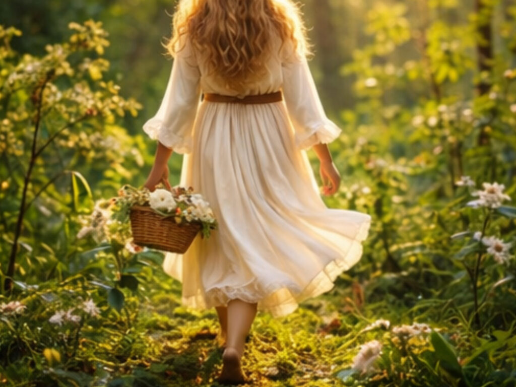 Woman in white dress walking through spring meadow holding flowers, representing ostara easter rebirth energy.