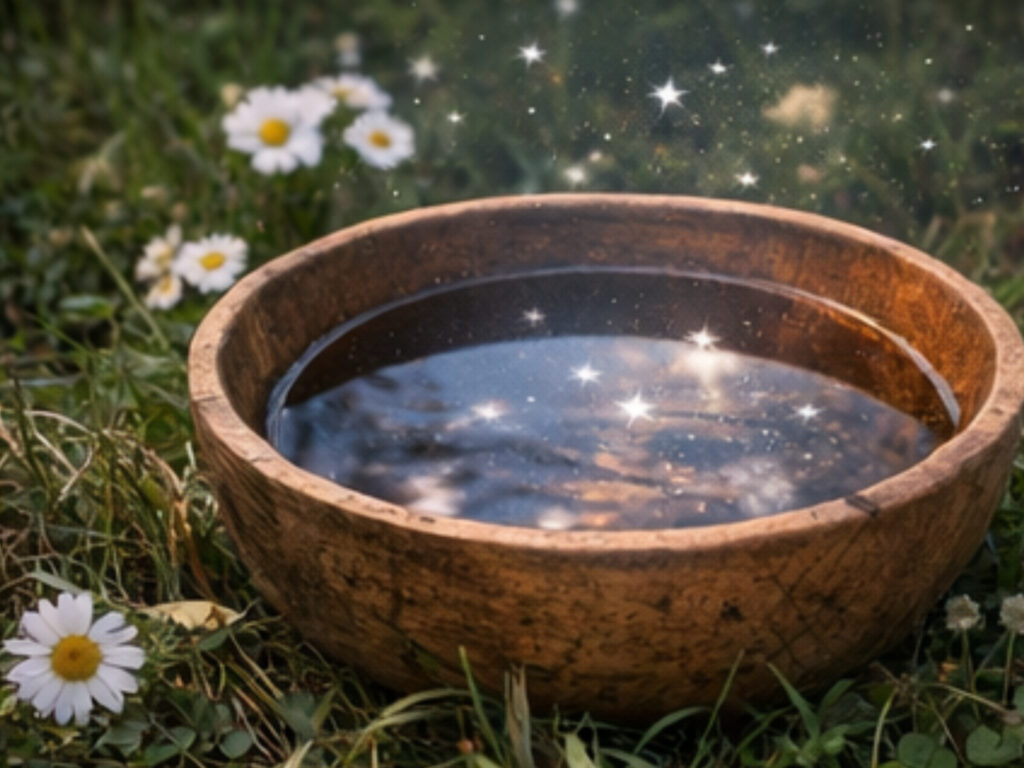Wooden bowl filled with water surrounded by daisies and grass, illustrating a cleansing ritual and how to celebrate Litha with sacred water.