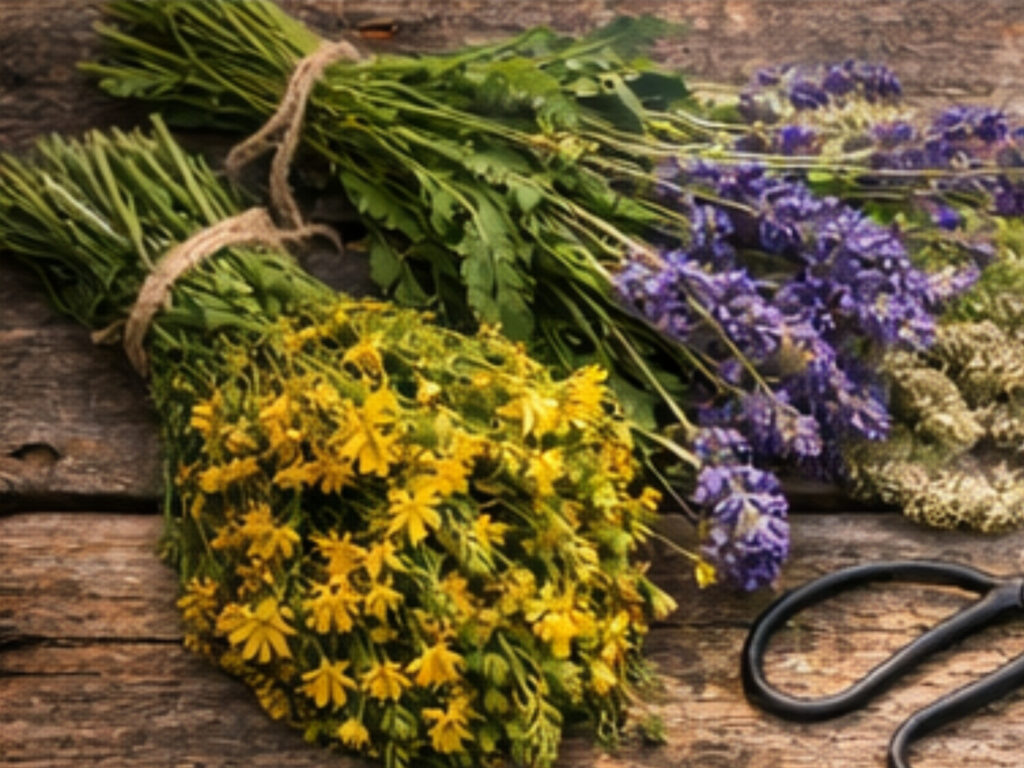 Freshly gathered summer herbs tied with twine on a rustic wooden table, representing herbal magic and how to celebrate Litha with nature.